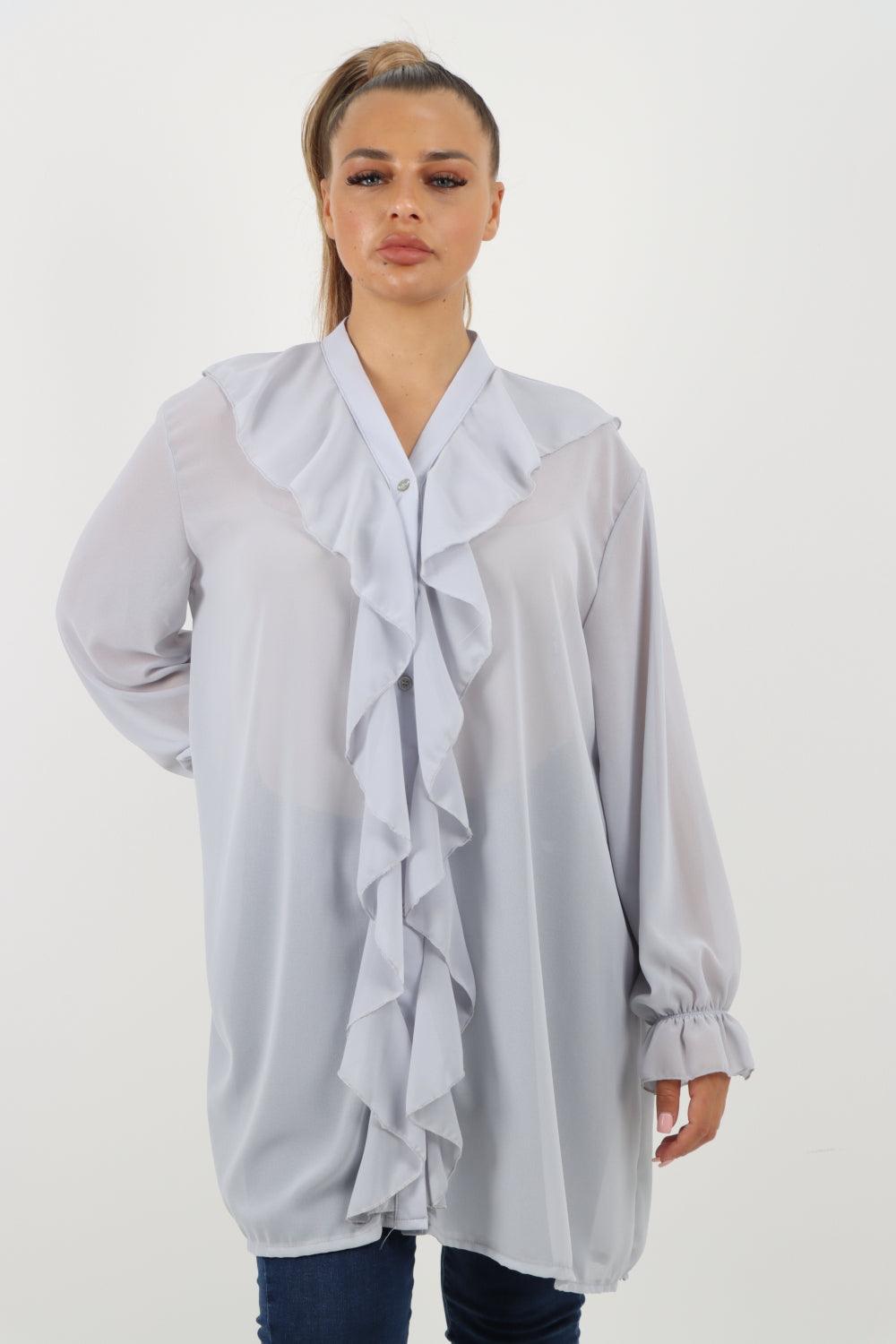 Full Ruffle Front Long Sleeve V Neck Shirt Top - Lashra Fashion