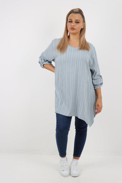 Button Turn Up Sleeves Round Neck Textured Tunic Top - Lashra Fashion