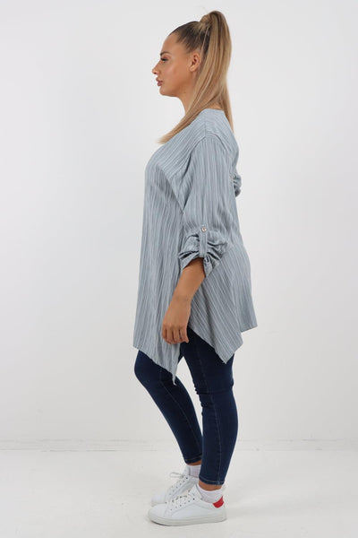 Button Turn Up Sleeves Round Neck Textured Tunic Top - Lashra Fashion