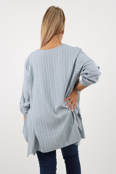 Button Turn Up Sleeves Round Neck Textured Tunic Top - Lashra Fashion