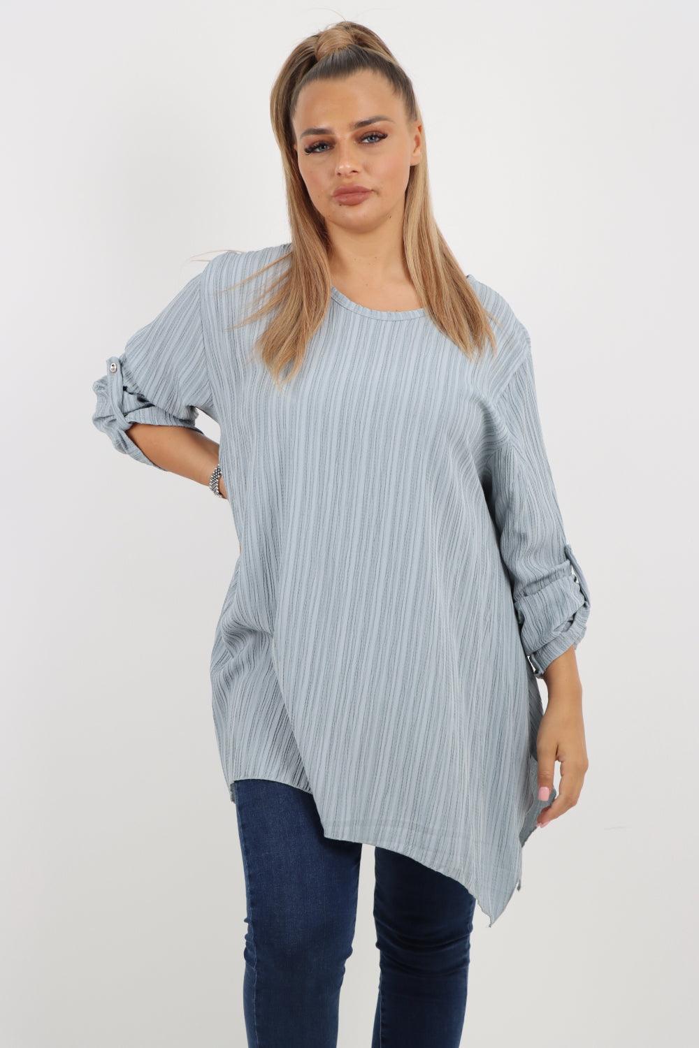 Button Turn Up Sleeves Round Neck Textured Tunic Top - Lashra Fashion