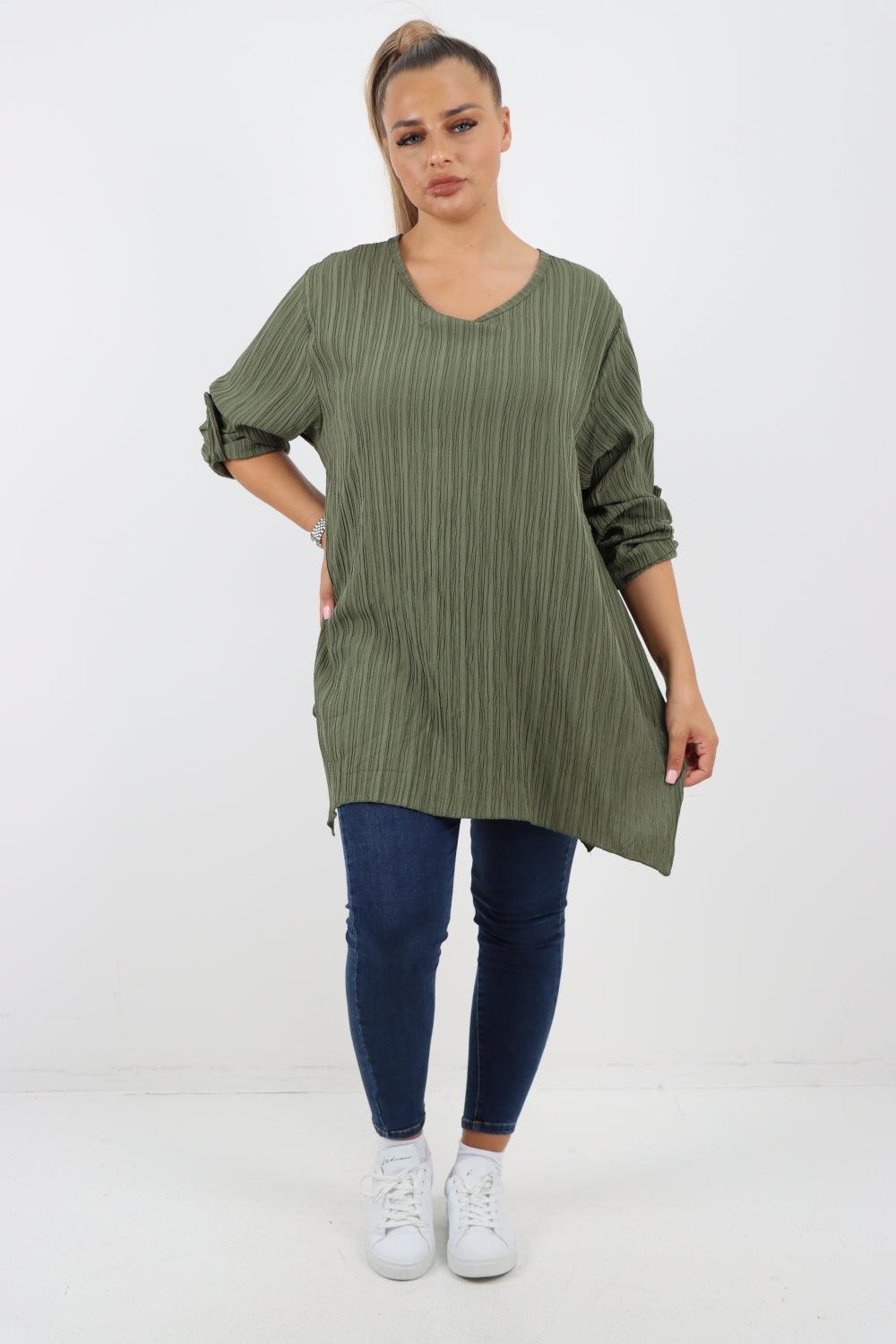 Button Turn Up Sleeves Round Neck Textured Tunic Top - Lashra Fashion