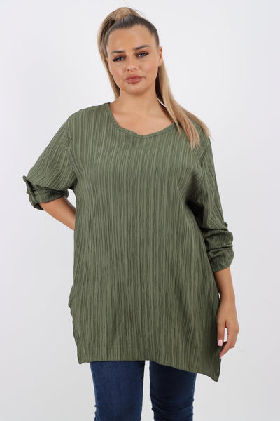 Button Turn Up Sleeves Round Neck Textured Tunic Top - Lashra Fashion