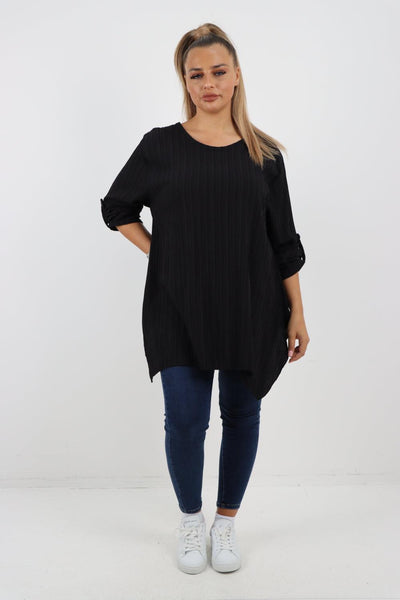 Button Turn Up Sleeves Round Neck Textured Tunic Top - Lashra Fashion