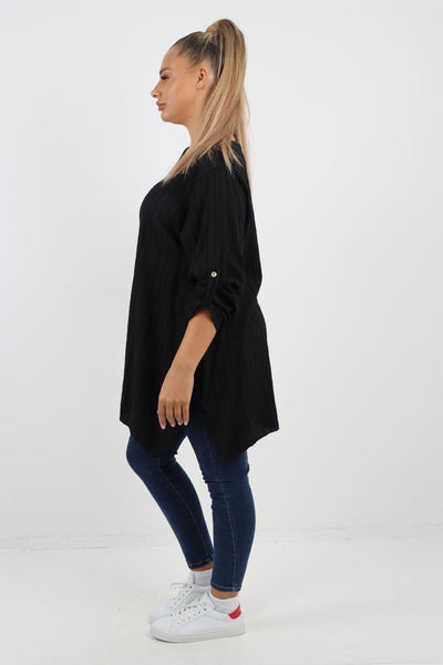 Button Turn Up Sleeves Round Neck Textured Tunic Top - Lashra Fashion