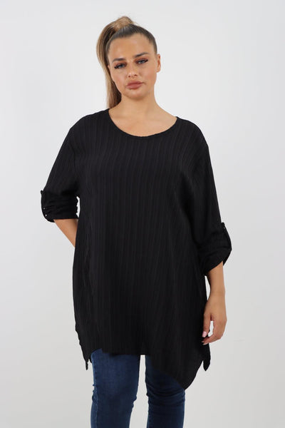 Button Turn Up Sleeves Round Neck Textured Tunic Top - Lashra Fashion