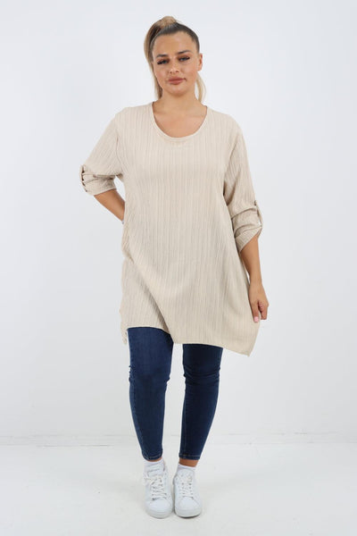 Button Turn Up Sleeves Round Neck Textured Tunic Top - Lashra Fashion