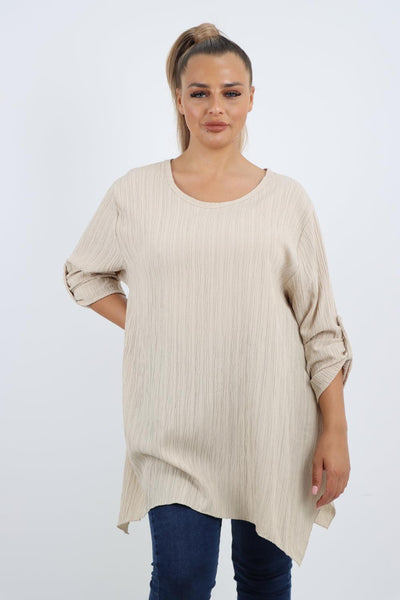 Button Turn Up Sleeves Round Neck Textured Tunic Top - Lashra Fashion