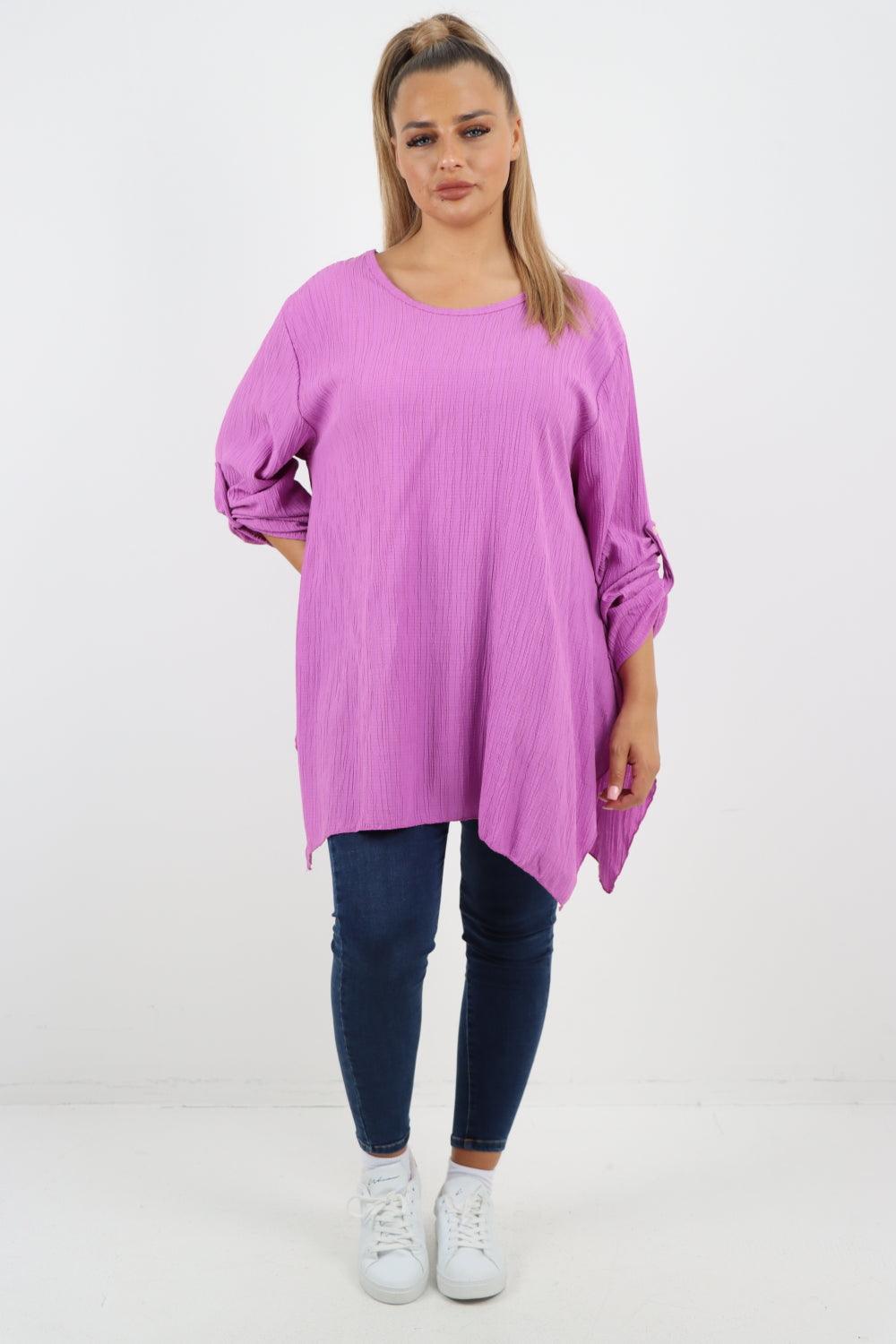 Button Turn Up Sleeves Round Neck Textured Tunic Top - Lashra Fashion