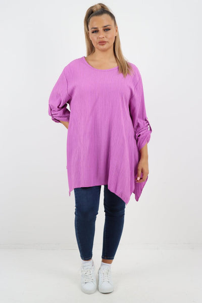 Button Turn Up Sleeves Round Neck Textured Tunic Top - Lashra Fashion