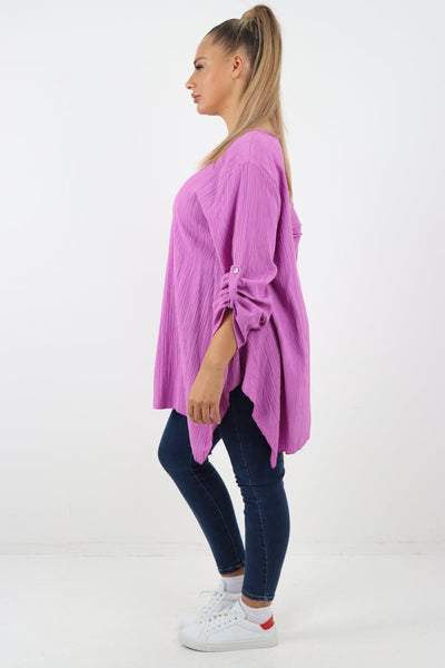 Button Turn Up Sleeves Round Neck Textured Tunic Top - Lashra Fashion