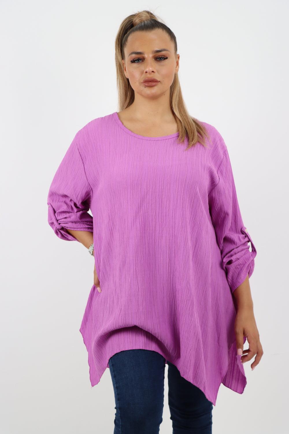 Button Turn Up Sleeves Round Neck Textured Tunic Top - Lashra Fashion