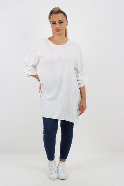 Button Turn Up Sleeves Round Neck Textured Tunic Top - Lashra Fashion