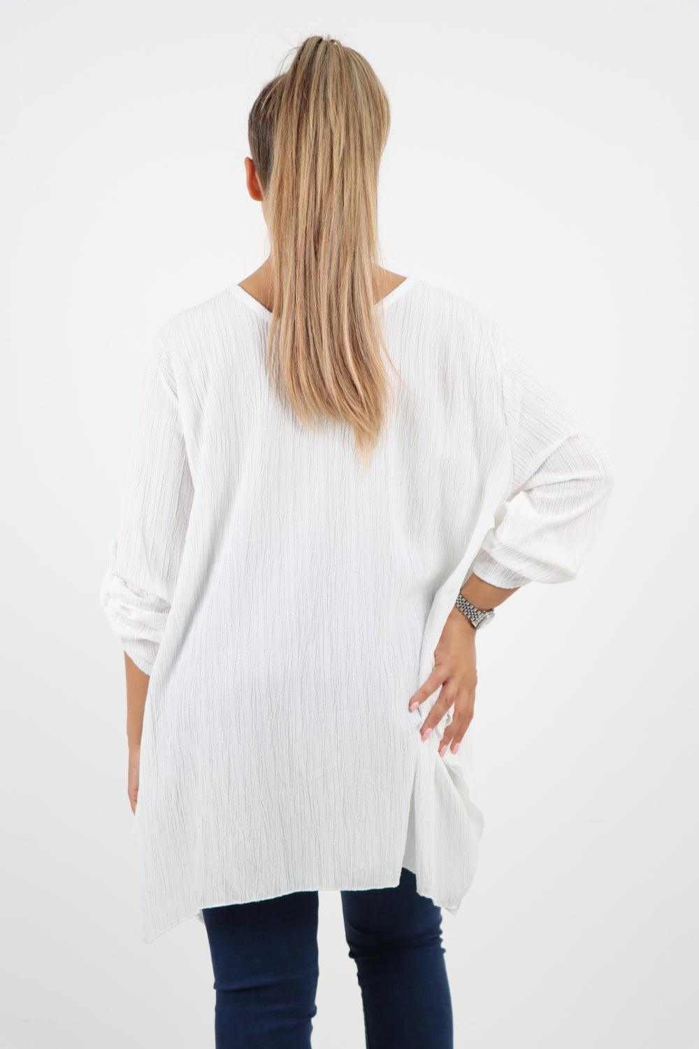 Button Turn Up Sleeves Round Neck Textured Tunic Top - Lashra Fashion