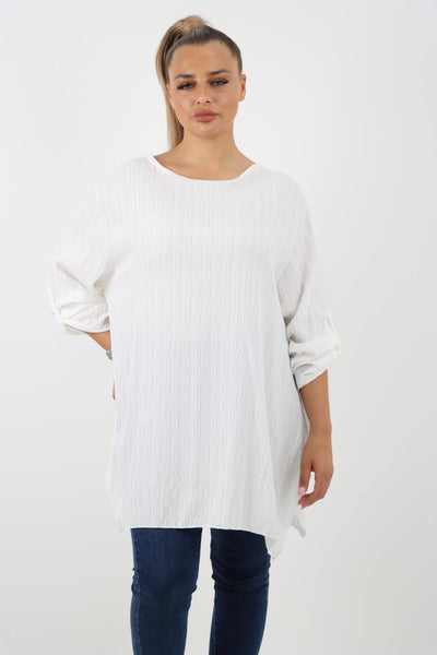 Button Turn Up Sleeves Round Neck Textured Tunic Top - Lashra Fashion