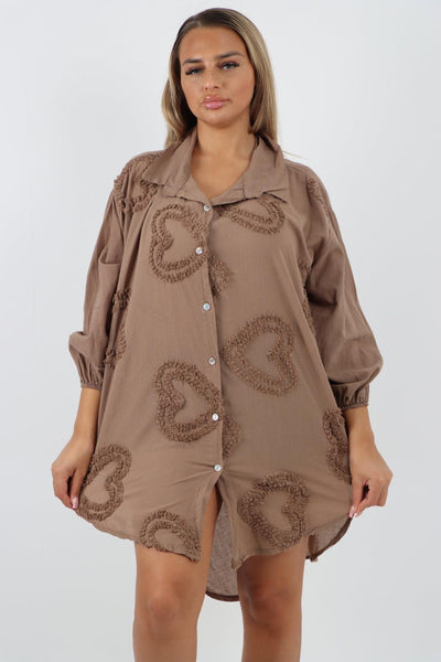 Multi Heart Print Dip Hem Button Down Cotton Shirt Dress - Lashra Fashion