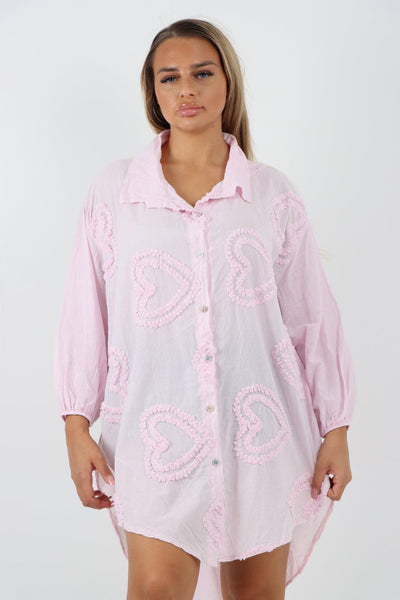 Multi Heart Print Dip Hem Button Down Cotton Shirt Dress - Lashra Fashion