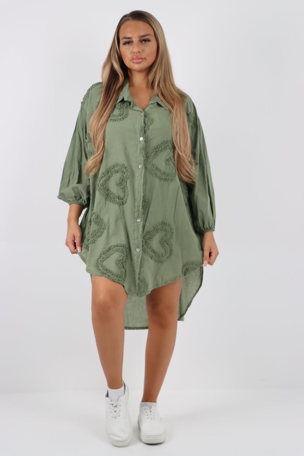 Multi Heart Print Dip Hem Button Down Cotton Shirt Dress - Lashra Fashion