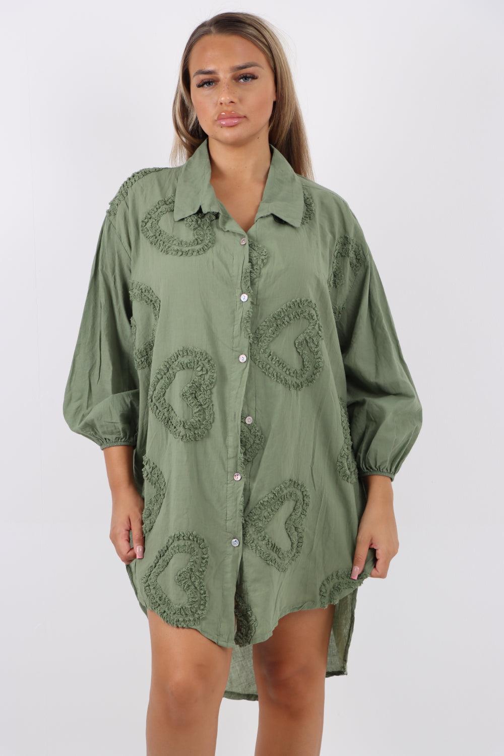 Multi Heart Print Dip Hem Button Down Cotton Shirt Dress - Lashra Fashion