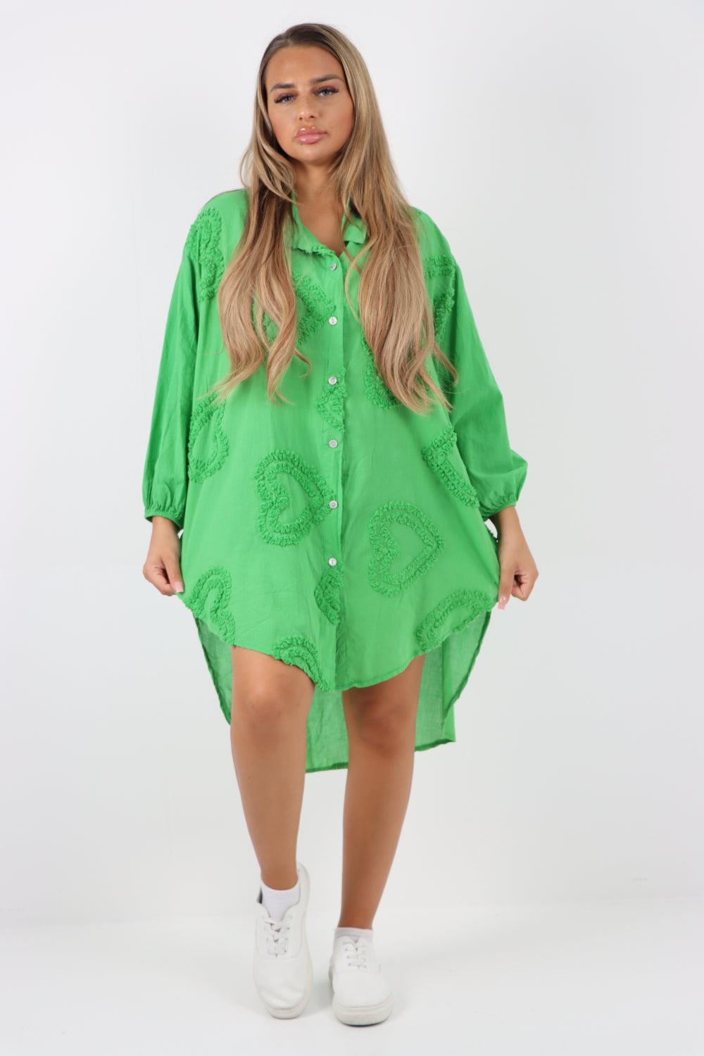 Multi Heart Print Dip Hem Button Down Cotton Shirt Dress - Lashra Fashion