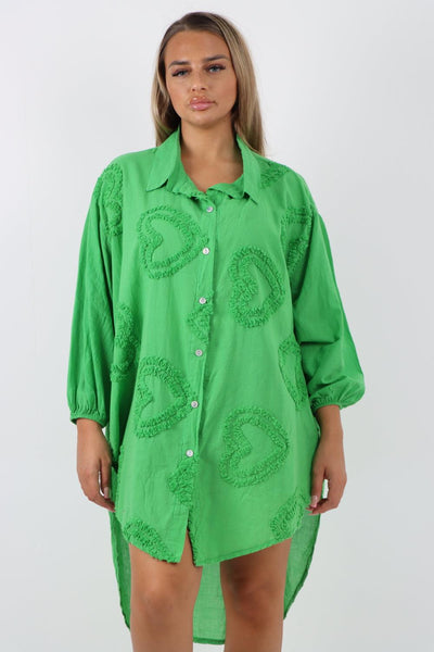 Multi Heart Print Dip Hem Button Down Cotton Shirt Dress - Lashra Fashion