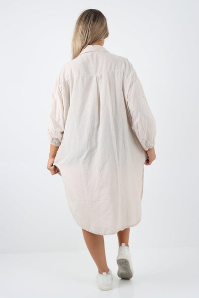 Multi Heart Print Dip Hem Button Down Cotton Shirt Dress - Lashra Fashion