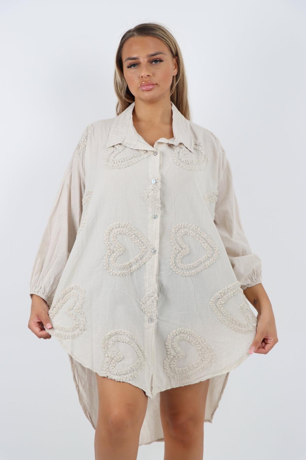 Multi Heart Print Dip Hem Button Down Cotton Shirt Dress - Lashra Fashion