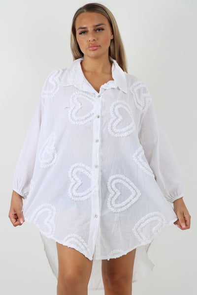 Multi Heart Print Dip Hem Button Down Cotton Shirt Dress - Lashra Fashion