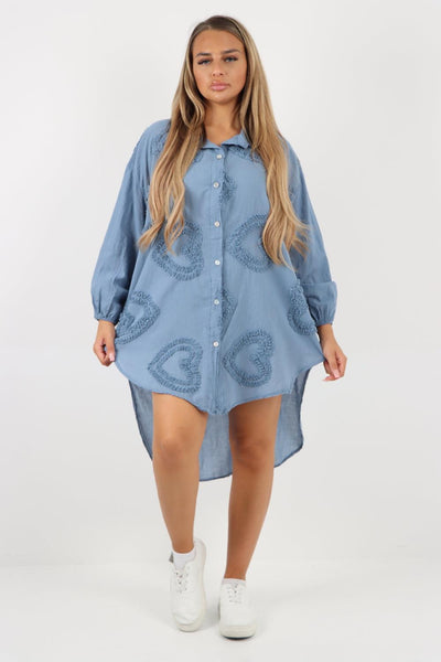 Multi Heart Print Dip Hem Button Down Cotton Shirt Dress - Lashra Fashion