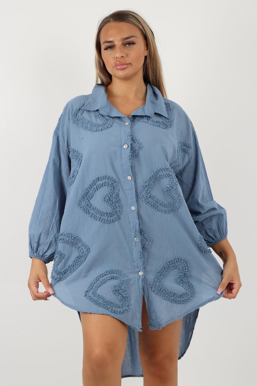 Multi Heart Print Dip Hem Button Down Cotton Shirt Dress - Lashra Fashion