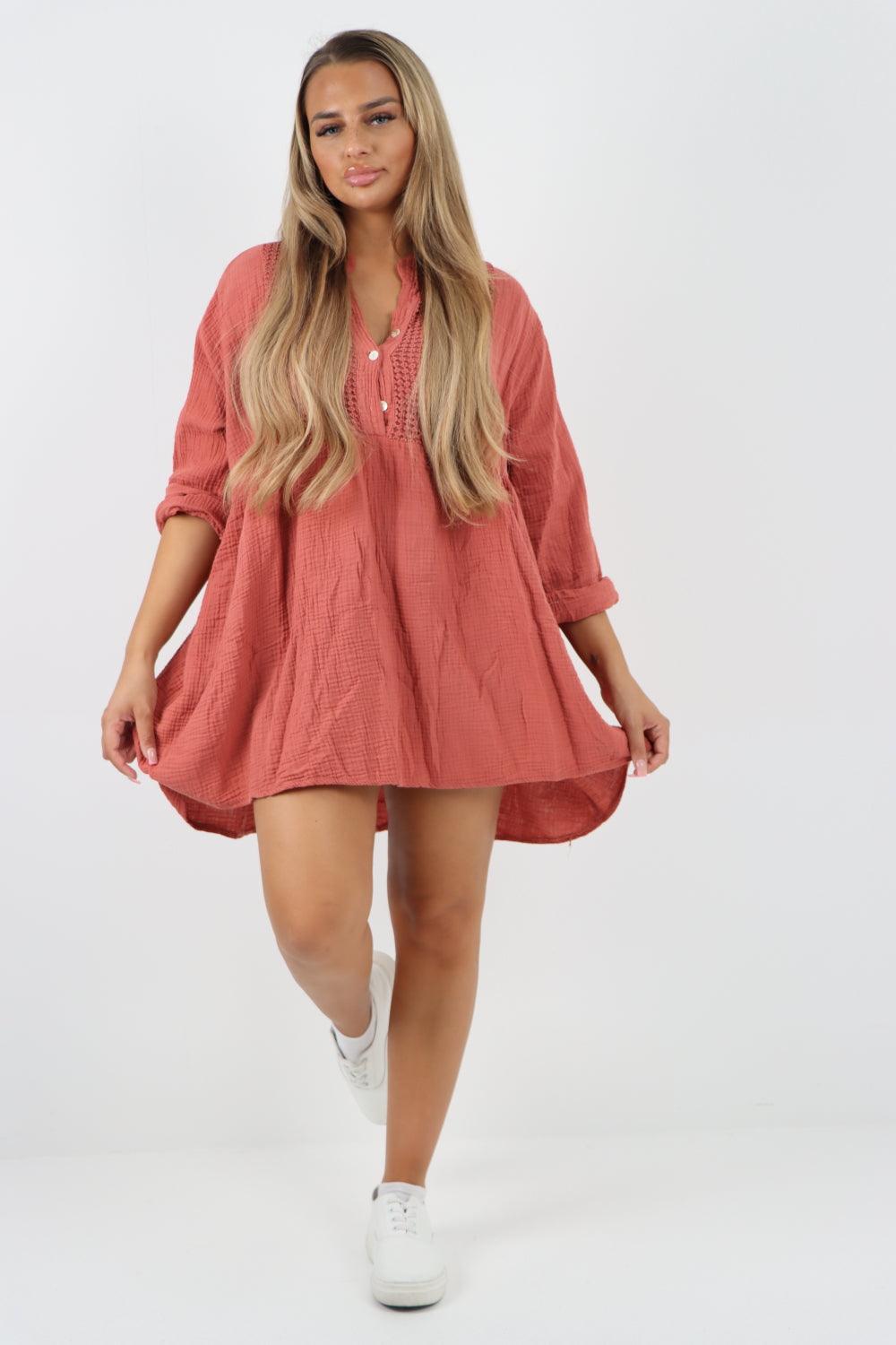 Button Down Grandad Collar Cotton Turn Up Sleeve Tunic dress - Lashra Fashion