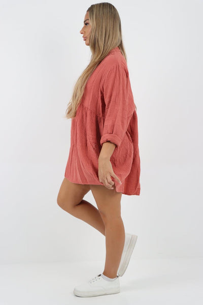 Button Down Grandad Collar Cotton Turn Up Sleeve Tunic dress - Lashra Fashion