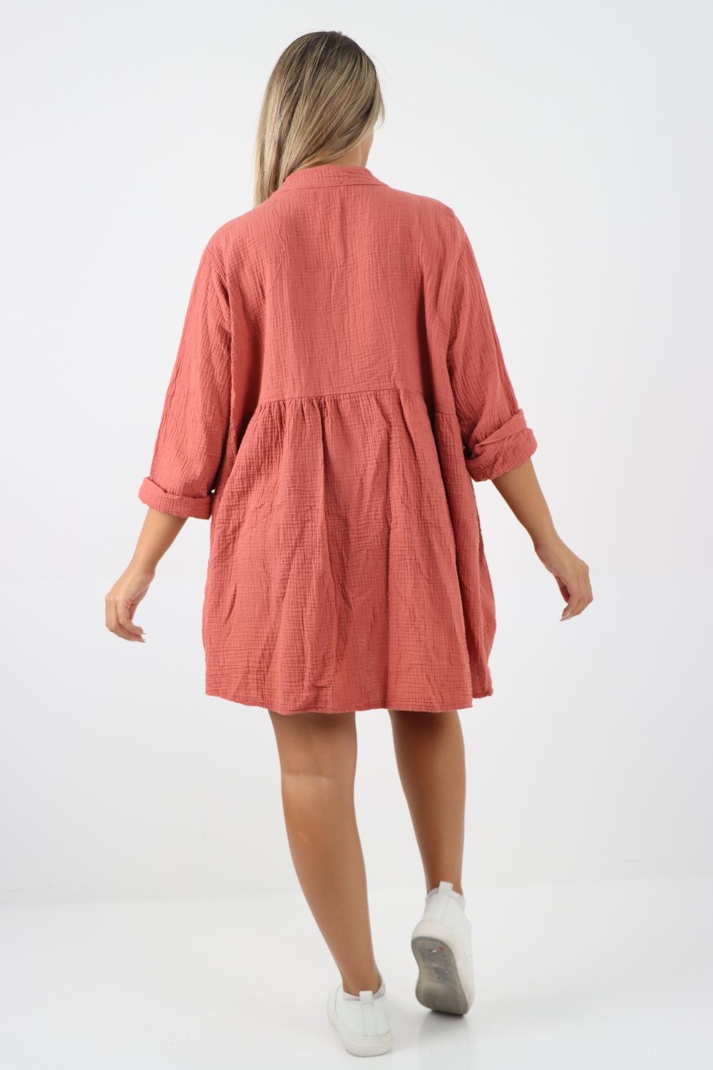 Button Down Grandad Collar Cotton Turn Up Sleeve Tunic dress - Lashra Fashion