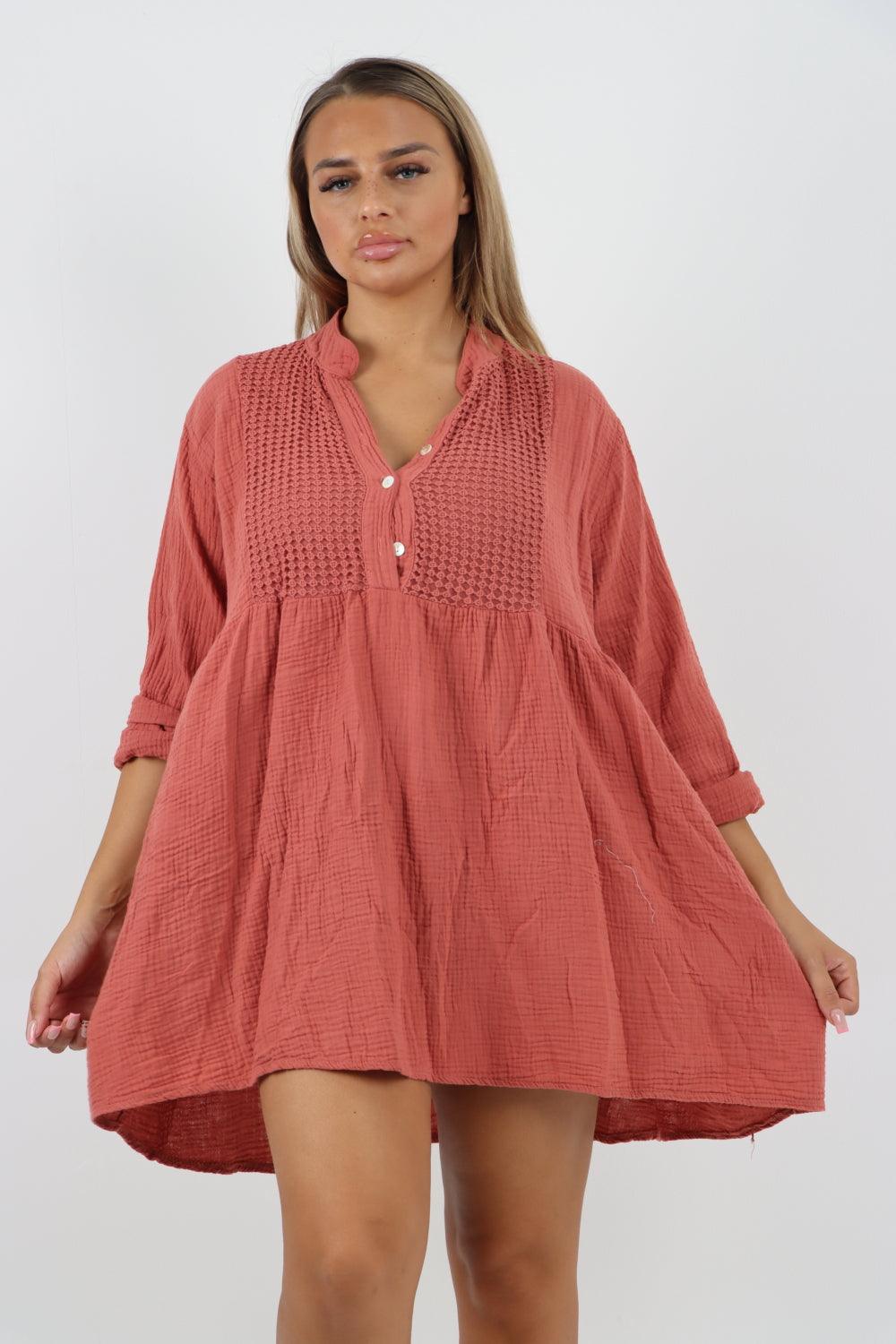 Button Down Grandad Collar Cotton Turn Up Sleeve Tunic dress - Lashra Fashion