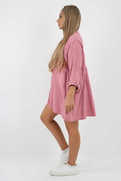 Button Down Grandad Collar Cotton Turn Up Sleeve Tunic dress - Lashra Fashion