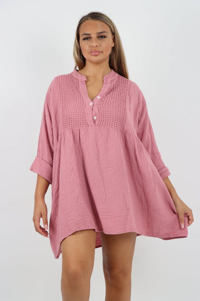 Button Down Grandad Collar Cotton Turn Up Sleeve Tunic dress - Lashra Fashion