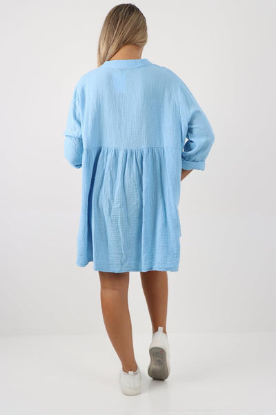 Button Down Grandad Collar Cotton Turn Up Sleeve Tunic dress - Lashra Fashion