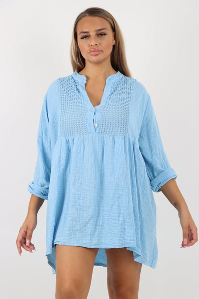 Button Down Grandad Collar Cotton Turn Up Sleeve Tunic dress - Lashra Fashion