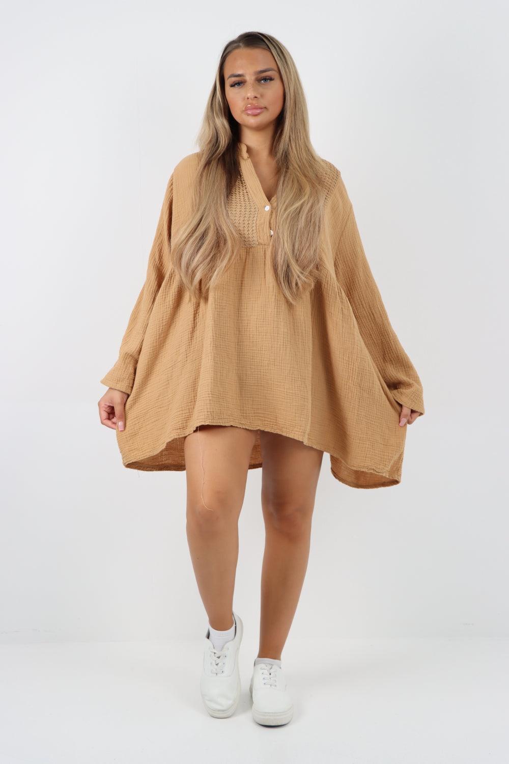 Button Down Grandad Collar Cotton Turn Up Sleeve Tunic dress - Lashra Fashion