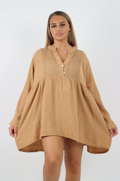 Button Down Grandad Collar Cotton Turn Up Sleeve Tunic dress - Lashra Fashion