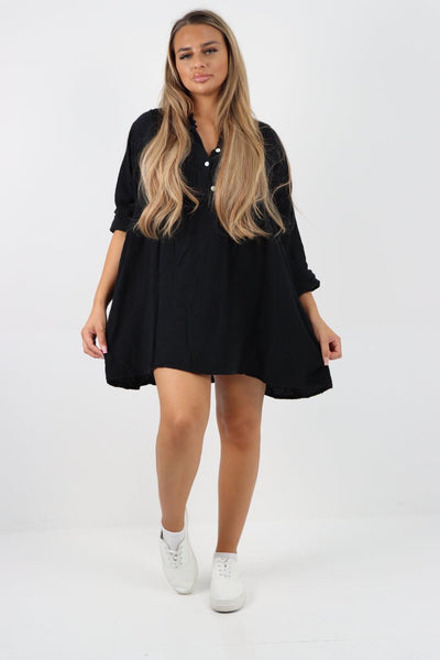 Button Down Grandad Collar Cotton Turn Up Sleeve Tunic dress - Lashra Fashion