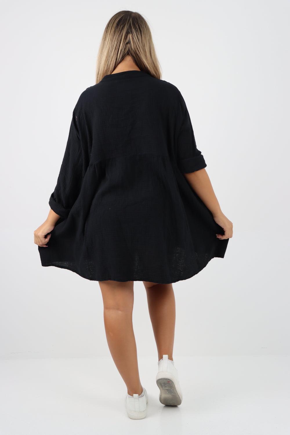 Button Down Grandad Collar Cotton Turn Up Sleeve Tunic dress - Lashra Fashion