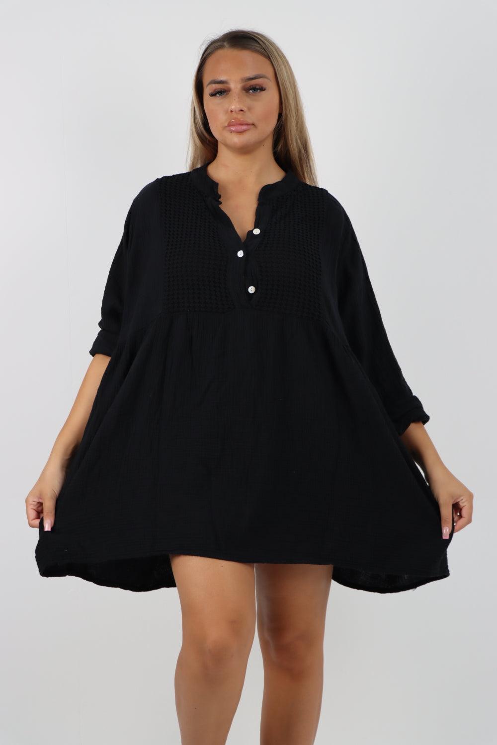 Button Down Grandad Collar Cotton Turn Up Sleeve Tunic dress - Lashra Fashion