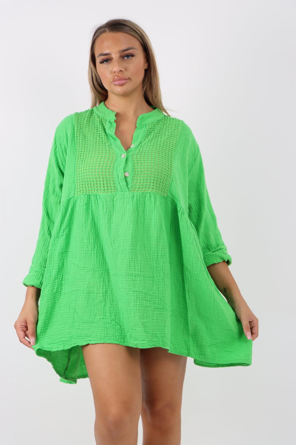 Button Down Grandad Collar Cotton Turn Up Sleeve Tunic dress - Lashra Fashion