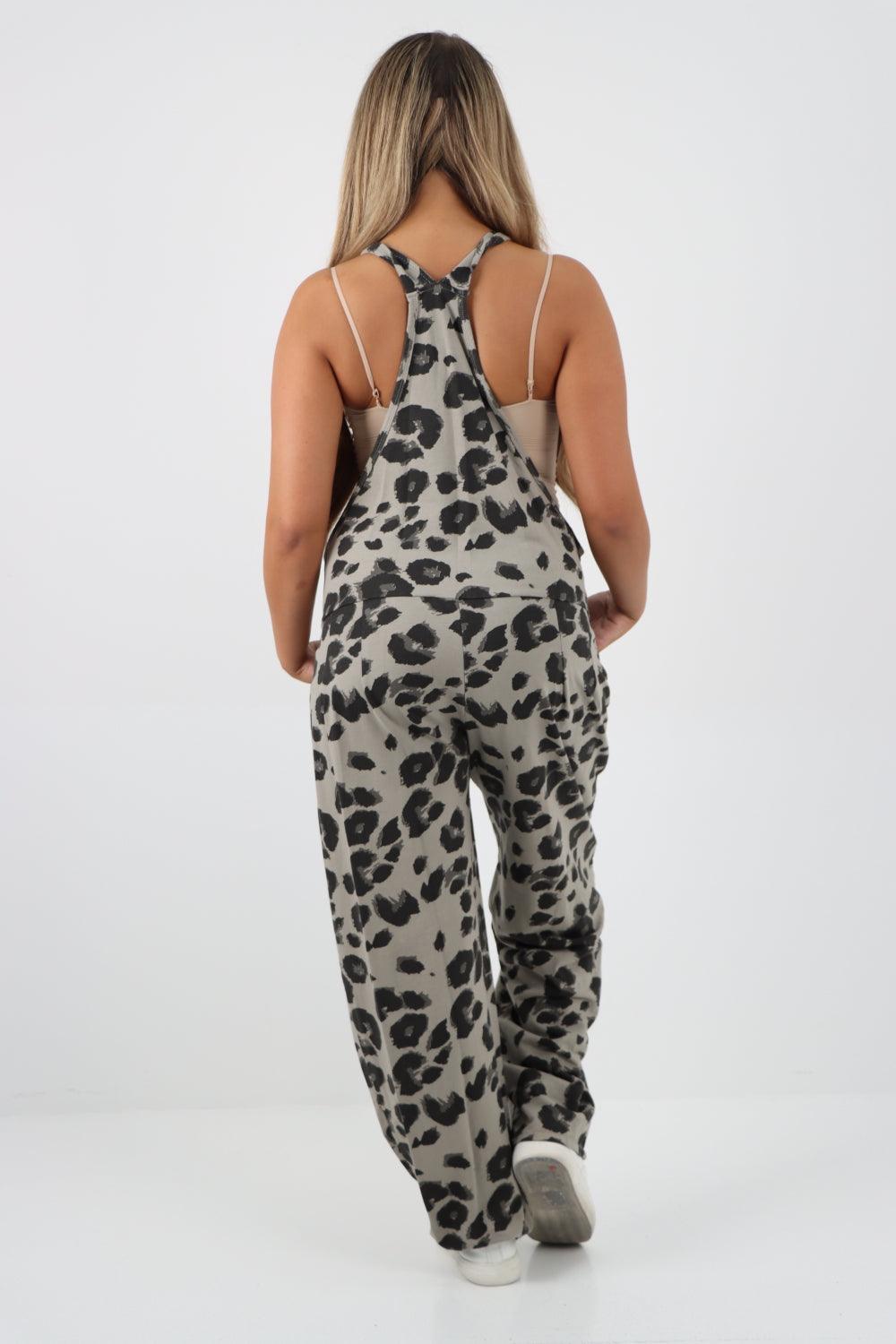 Sleeveless Cotton Leopard Print Dungarees - Lashra Fashion