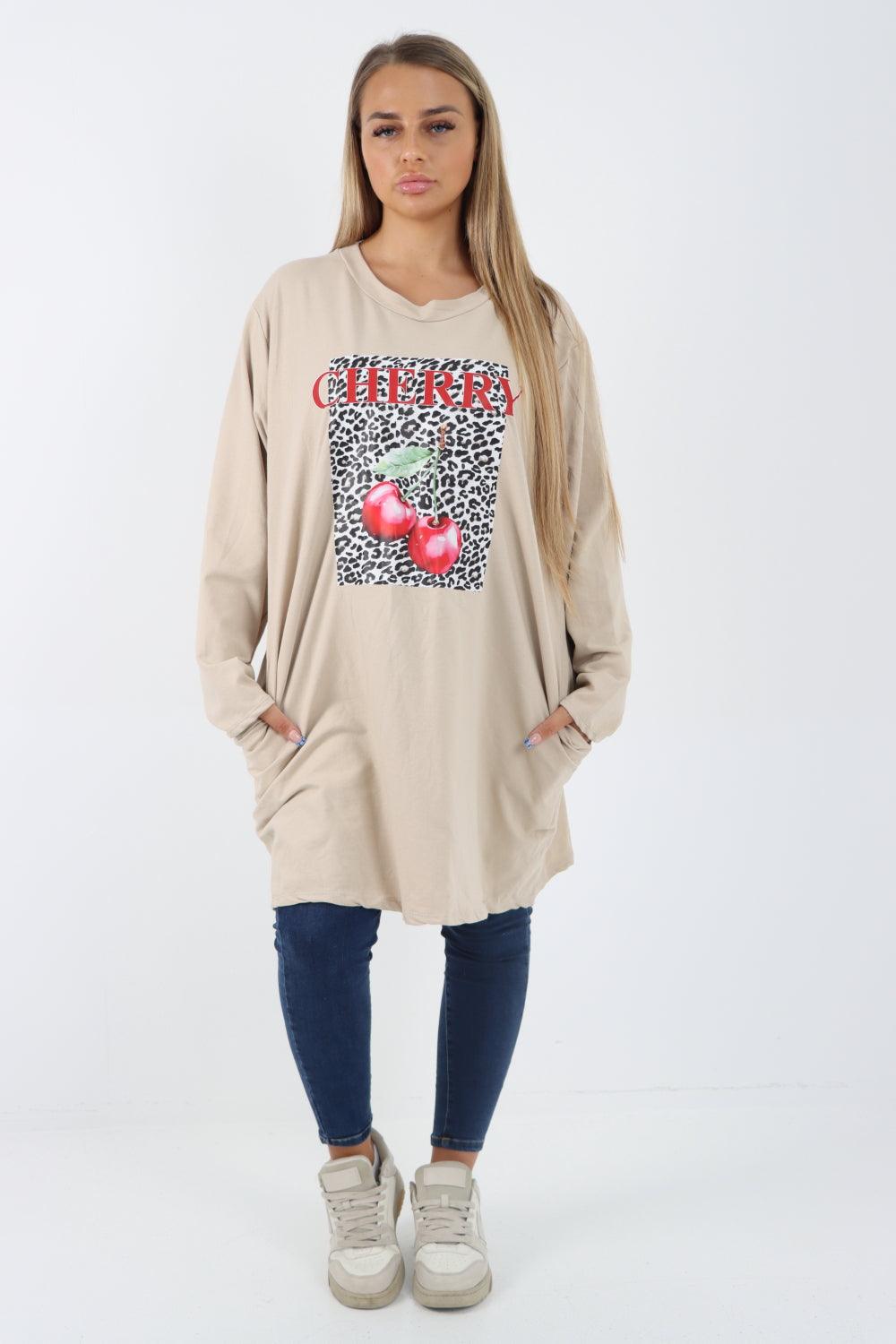 Long Sleeve Cherry Print Tunic Top - Lashra Fashion