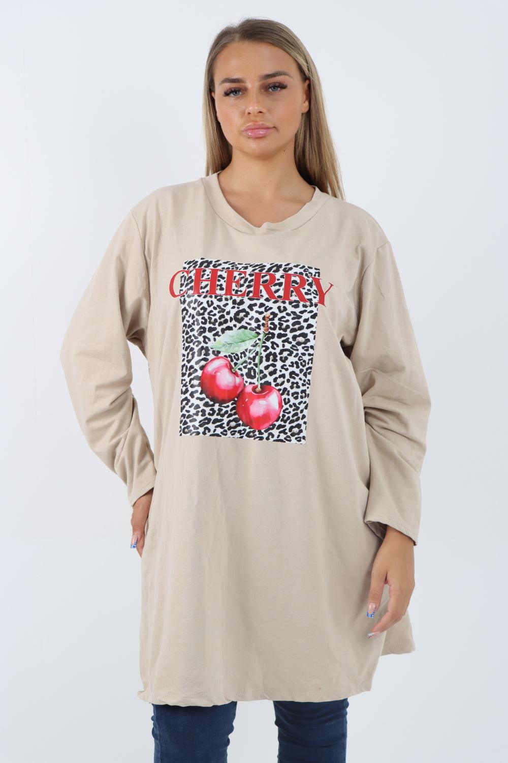 Long Sleeve Cherry Print Tunic Top - Lashra Fashion