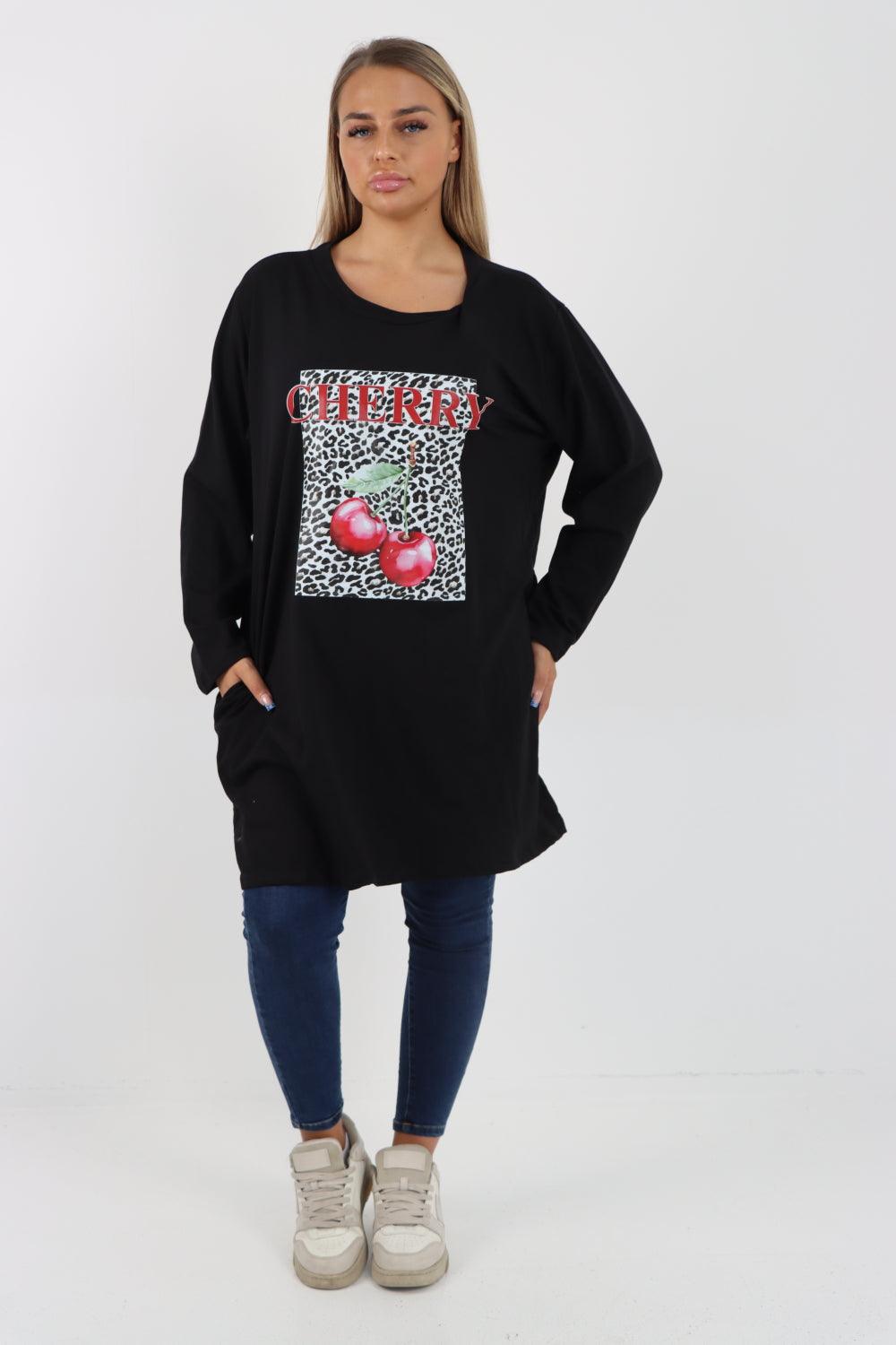 Long Sleeve Cherry Print Tunic Top - Lashra Fashion