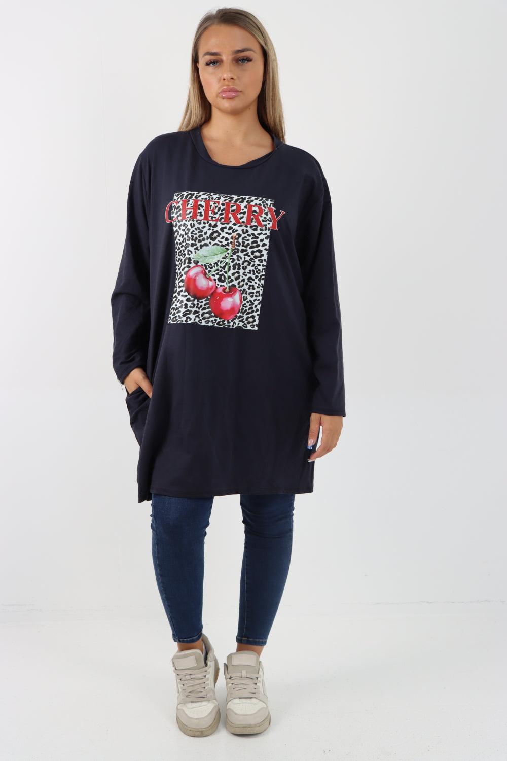 Long Sleeve Cherry Print Tunic Top - Lashra Fashion