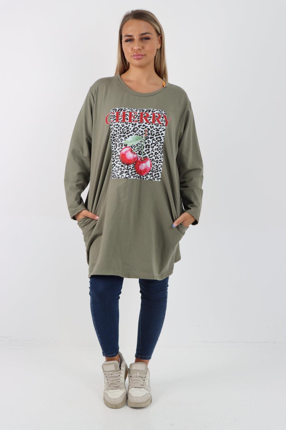 Long Sleeve Cherry Print Tunic Top - Lashra Fashion